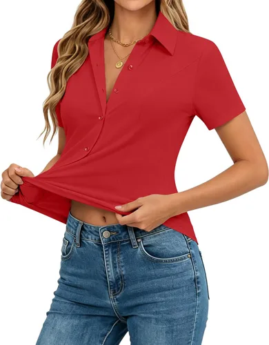 Miniatura 10 de siliteelon Camisas de manga corta con botones para mujer, camisas de vestir elásticas en 4 direcciones, blusa de trabajo ajustada