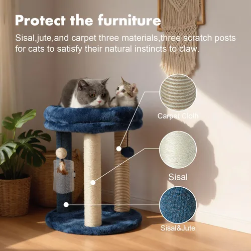 Miniatura 3 de MECOOL Árbol Rascador para Gatos con Torre y Cama Suave. Alfombra de Sisal de Calidad Natural y Postes de Yute con Tres Juguetes de Bola Colgante