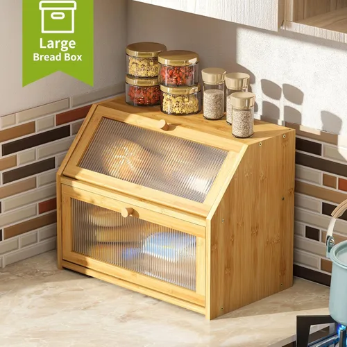 Miniatura 4 de BMOSU Panera grande para encimera de cocina, panera de doble capa para encimera de cocina, panera de madera de bambú con capacidad de almacenamiento
