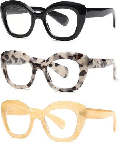JM Gafas de lectura con ojo de gato para mujer, lectores de computadora con bloqueo de luz azul con bisagra de resorte Paquete de 3 colores mezclados