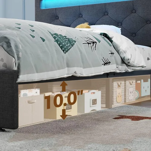 Miniatura 5 de Rolanstar Base de cama individual con estación de carga, cama LED con almacenamiento debajo de la cama, cabecera ajustable de 38.9/40.8 pulgadas,