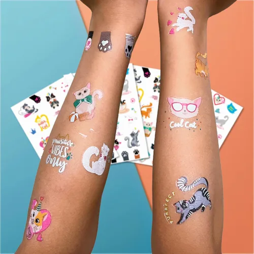 Miniatura 2 de PapaKit Kitty Cats - Juego de tatuajes falsos temporales, 4 hojas de 64 estilos con lámina iridiscente metálica, recuerdos de fiesta, rellenos