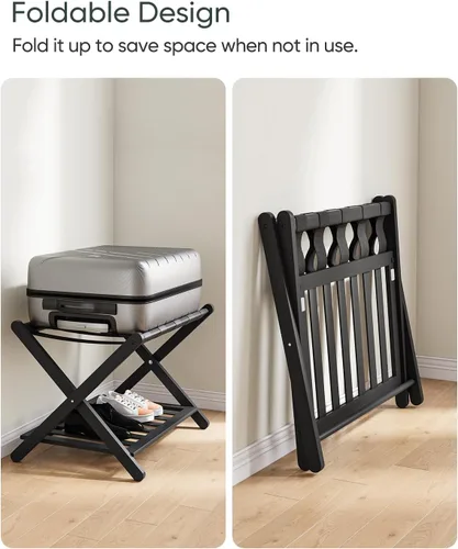 Miniatura 3 de Smart FENDEE Portaequipajes negro totalmente montado, soporte para maleta con estante para zapatos, soporte de equipaje plegable de madera
