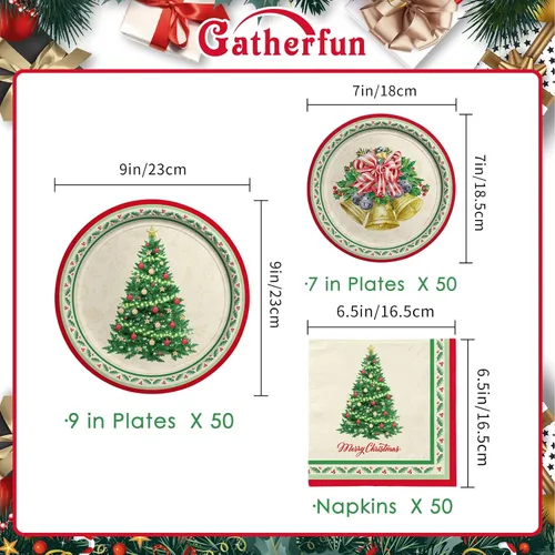 Miniatura 2 de Kit de Suministros de Fiesta de Navidad Gatherfun, Sirve para 50, Incluye Vajilla Desechable de Árbol de Navidad: Platos de Cena de Papel, Platos