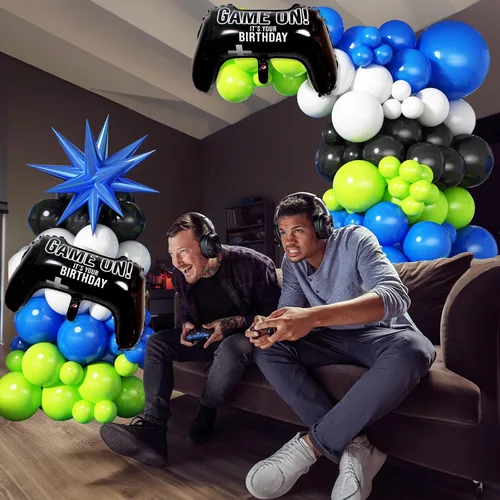 Miniatura 5 de Jobkoo Kit de Guirnalda de Arco de Globos de Videojuegos con Globos de Papel Metálico de Controlador de Juego Globos de Látex Azules Verdes Negros
