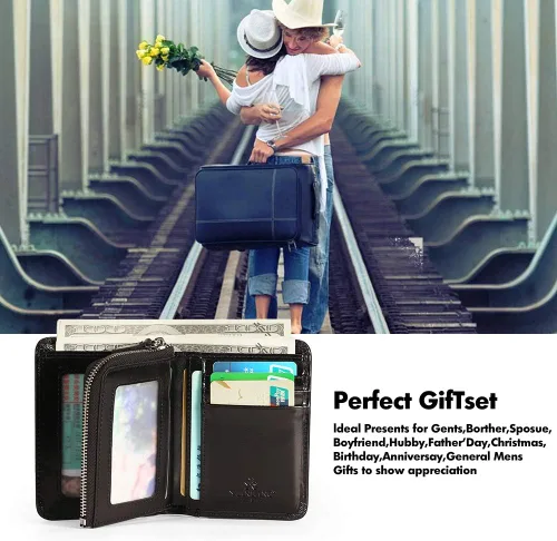 Miniatura 26 de Billetera para hombre con cremallera de cuero genuino RFID tarjeteros de piel de vaca con cremallera bolsillo para monedas, carteras plegables