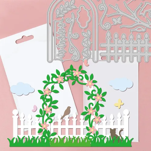 Miniatura 5 de GLOBLELAND Juego de troqueles de vallas de jardín para árboles y plantas, plantilla de estampado de flores de acero al carbono para hacer tarjetas