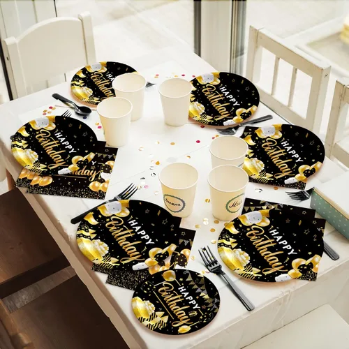 Miniatura 7 de Juego de vajilla para fiesta de cumpleaños de 96 piezas, color negro y dorado, platos y servilletas de fiesta negros, suministros de papel