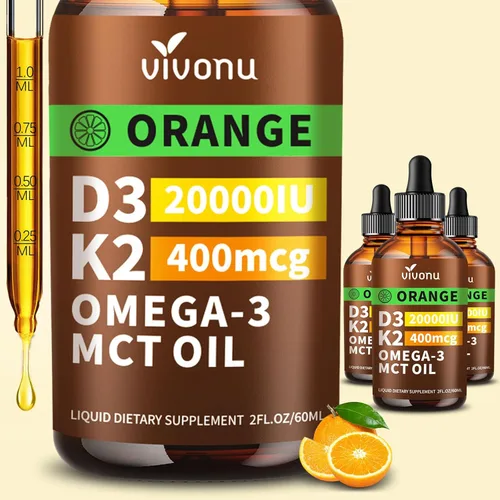 Miniatura 9 de VivoNu Gotas de vitamina D3 K2, D3 20000 UI y K2 como MK-7 400mcg con magnesio, calcio, zinc y Omega 3 para inmune*, estado de ánimo*, hueso* salud