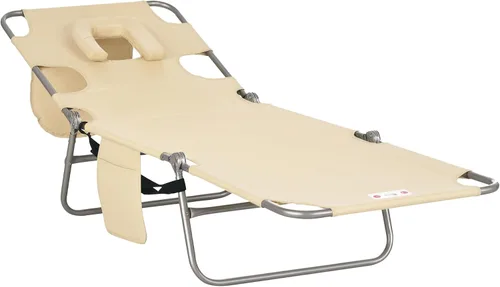 Miniatura 12 de Outsunny Tumbona para exteriores con agujero para el brazo facial, silla de bronceado reclinable de 5 posiciones con correa de transporte, bolsillo