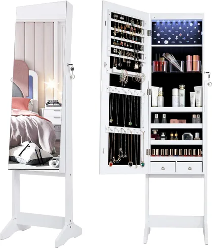 LVSOMT 8 LED Organizador de joyas con espejo de cuerpo completo, armario de almacenamiento montado en la paredpuerta joyero con cerradura con 2