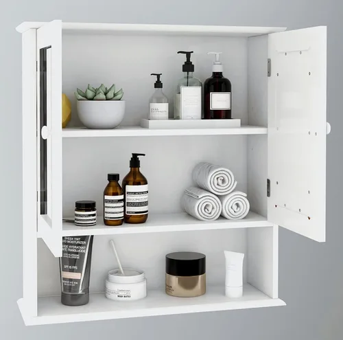 Miniatura 4 de Botiquín de baño montado en la pared con puertas de espejo dobles, Armario de baño colgante de madera con puertas y estantes, gabinete de espejo