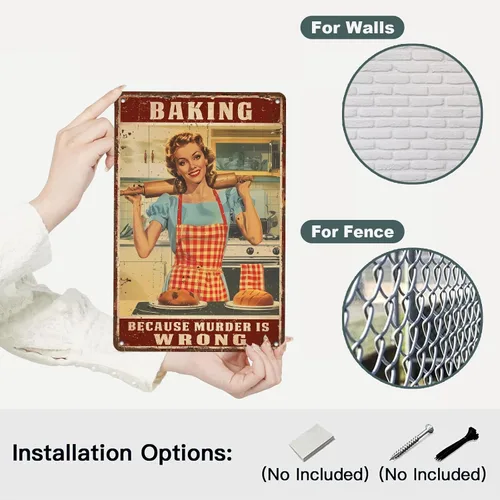 Miniatura 3 de Letrero de hojalata retro para mujer, con texto en inglés "Baking Because Murder is Wrong", divertido rústico, decoración de pared, arte de pared