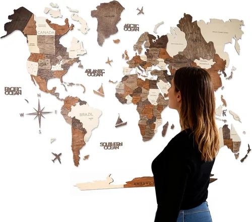 Miniatura 14 de Arte de pared de madera 3D hecho a mano con mapa del mundo en relieve, decoración de pared grande, rastrea tus viajes por el mundo - Especial