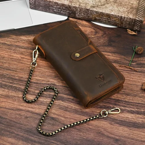 Miniatura 76 de Genuino Caballo Loco Cuero Regalo de Viaje Moneda Bolsillo Tarjetero Organizador Largo Cadena Rfid Cartera Monedero Con Broche Para Hombres Hombres
