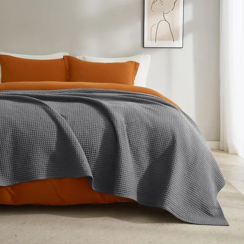 Miniatura 9 de PHF - Cobija tejida en punto gofre, de 100% algodón, tamaño Queen de 90 x 90 pulgadas, ligera, lavada, suave, acogedora, transpirable, cobija