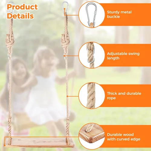 Miniatura 4 de Columpio de madera para árbol, columpio de madera para adultos/niños con capacidad de carga de 500 libras, asiento de columpio de madera
