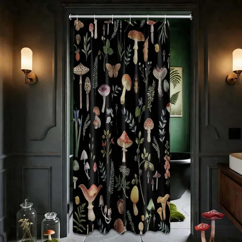 Miniatura 2 de Cortina de ducha de hongos, bonito juego de cortinas de ducha de hongos negros para decoración de baño, tela de poliéster impermeable con ganchos