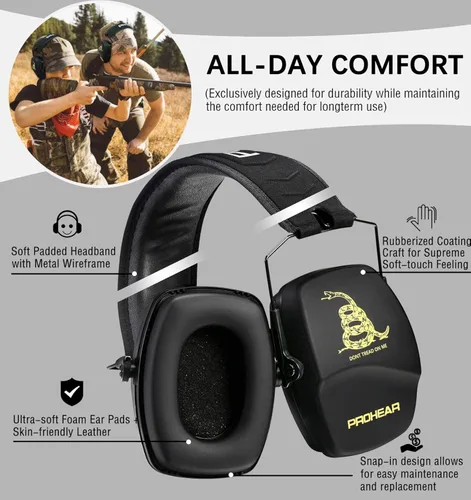 Miniatura 4 de PROHEAR 016 Orejeras de protección auditiva para tiro, paquete de 2, NRR 26dB para campo de tiro, caza - Negro y DOTM Negro+negro-dtom