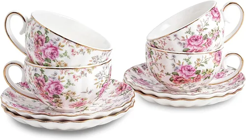 Miniatura 13 de Agyiuns Taza de té y platillos, tazas de té floral de 6.4 onzas con borde dorado, taza de té de porcelana, tazas de café capuchino espresso con Azul