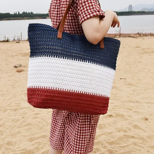 Miniatura 88 de Bolso grande de paja para mujer, tejido de ratán, bolso de playa de verano, a rayas
