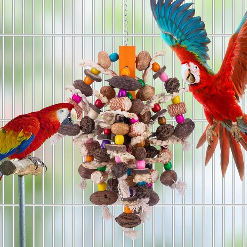 Miniatura 7 de Deloky Juguetes para masticar pájaros loros grandes, frutos secos naturales, juguete desgarrador de loro de maíz, juguete de jaula de madera