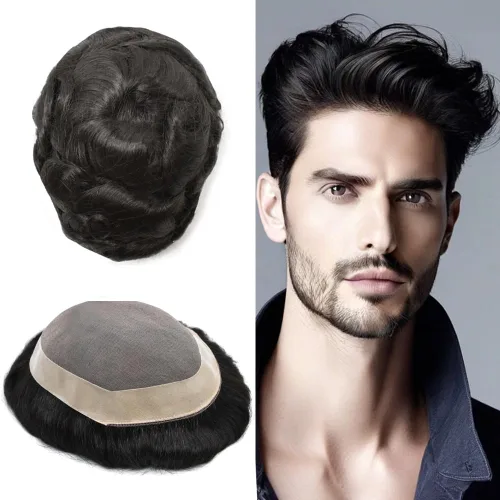 Miniatura 46 de Tupé para hombre, pieza de cabello humano real, monofilamento, tupé para hombres, postizos, unidades de sistema de reemplazo de cabello, gris