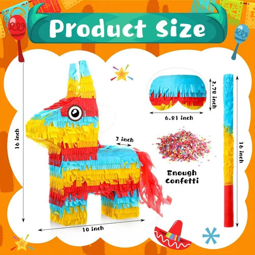 Miniatura 2 de Lenwen Donkey Piata - Paquete de 16 x 10 x 3 pulgadas con palo, venda y confeti para fiesta mexicana, cumpleaños de niños, decoración de fiesta