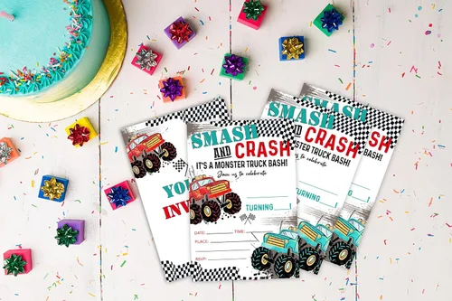 Miniatura 3 de 20 invitaciones de fiesta de cumpleaños de Monster Truck con sobres, invitación de fiesta de aplastamiento y choque, tarjetas de invitación