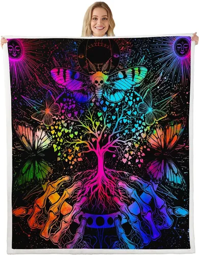 Miniatura 19 de Erosebridal Manta de árbol de la vida, sol y luna para sofá cama, manta de forro polar gótico de polilla trippy, manta de sherpa cósmica