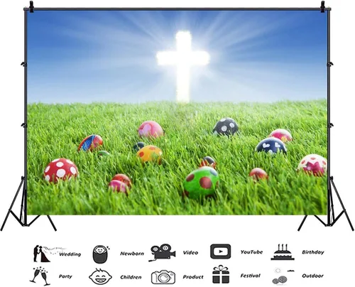 Miniatura 2 de Telón de fondo de Pascua de 5 x 3 pies para fotografía de Pascua, fondo de huevos pintados de Pascua, cruz de luz sagrada, pastizales de primavera