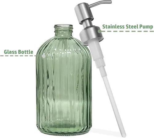 Miniatura 3 de Dispensador de jabón verde de 14 onzas para baño, paquete de 2, dispensadores de jabón de manos de vidrio transparente con bomba de acero
