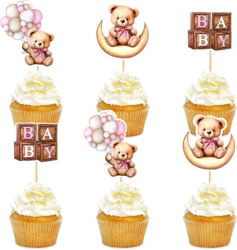 Miniatura 7 de 24 piezas de decoración para cupcakes con temática de "We Can Bearly Wait" Oso de globos brillantes, decoración temática de revelación de género