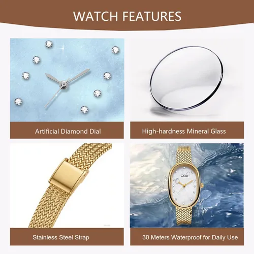 Miniatura 5 de Reloj de oro para mujer con esfera de diamante artificial, pulsera de acero inoxidable, movimiento de cuarzo, resistente al agua para la oficina