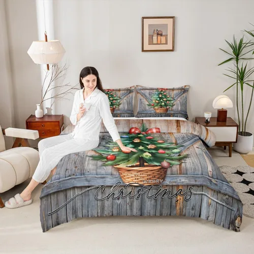 Miniatura 54 de Juego de edredón de Feliz Navidad para niños, tamaño twin, juego de ropa de cama de camión rojo árboles de pino copos de nieve, decoración