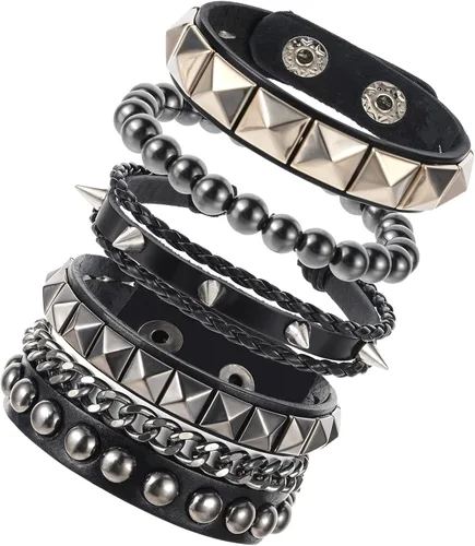 4 Pulseras de Cuero Tachonadas, Pulsera Punk de Cuero PU con Pinchos para Hombres y Mujeres, Brazalete de Cuero Muñequera de los Años 80 Juego