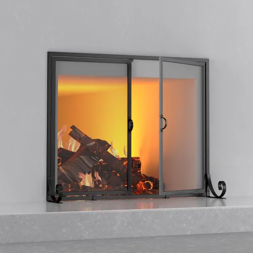 Fire Beauty Pantalla de chimenea con puertas con bisagras, marco de acero recubierto de polvo, malla de metal, acero sólido hecho a mano, diseño