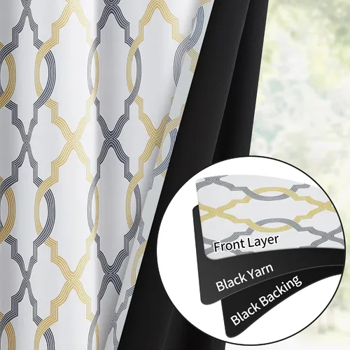 Miniatura 3 de Cortinas 100% blackout, de 54 pulgadas de largo, para dormitorio, amarillo gris sobre blanco con patrón geométrico marroquí, para sala de estar