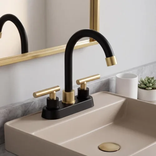 Miniatura 6 de Grifo de baño negro y dorado, 2 manijas de 4 pulgadas con drenaje desplegable, moderno fregadero de tocador de caravana de 2 o 3 agujeros de montaje