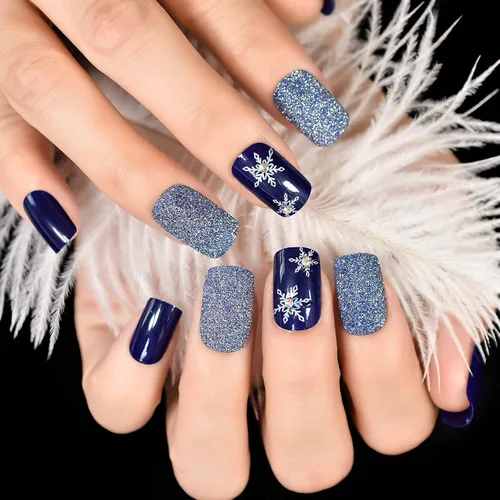 ELEVENAIL Uñas postizas a presión de Navidad con purpurina azul oscuro, diseño de copo de nieve y diamantes de imitación de Navidad, longitud media,