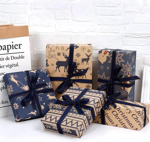 Miniatura 5 de Hojas de papel de regalo de Navidad, papel de regalo Kraft reciclado azul marino y marrón con etiquetas y pegatinas, papel de regalo de 6 hojas