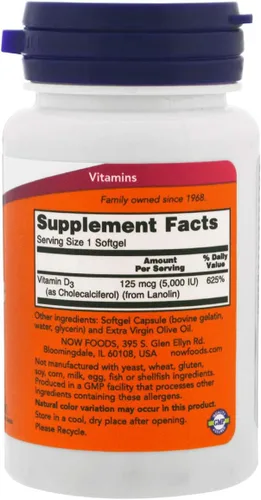 Miniatura 2 de NOW Vitamina D-3 5,000 UI,120 cápsulas blandas