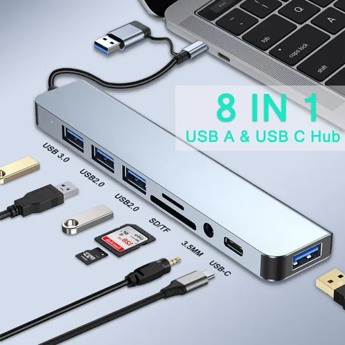 Miniatura 2 de Hub USB C Hub USB 3.0, extensor USB 8 en 1 de aluminio VIENON con lector de tarjetas SD/TF, conector auxiliar de auriculares de 3.5mm para MacBook