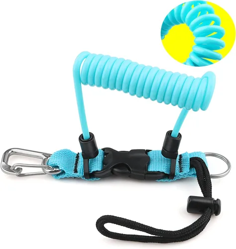 Buceo bobina Landyard, cordón de acero inoxidable para cámara en espiral con hebilla de metal de liberación rápida Azul claro