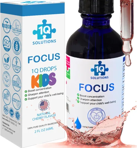 1Q Focus – Gotas naturales de apoyo cognitivo y cerebral líquido para niños | Acetil L-carnitina + B1, B6, B12 y folato | Sin azúcar, vegano, sin