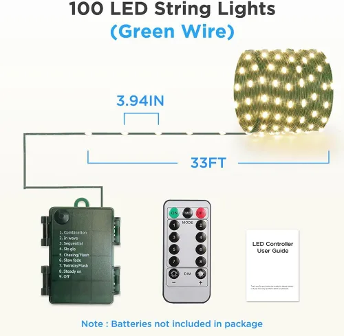 Miniatura 6 de Luces de Cadena de 33 pies que Funcionan con Batería, 100 Luces de Cadena de Hadas LED Alimentadas por Batería con Control Remoto y Temporizador