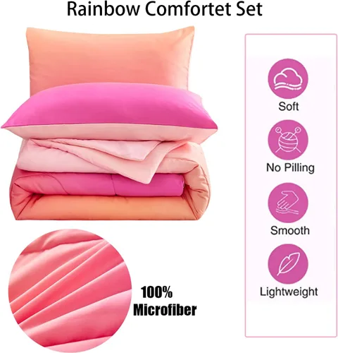 Miniatura 2 de Yogeneg Juego de edredón arcoíris para niños, tamaño matrimonial/queen para adolescentes, niñas y niños y mujeres, edredón rosa naranja degradado