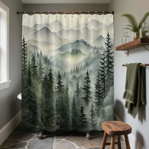 Miniatura 38 de Cortina de ducha azul marino de bosque Cortina de ducha azul oscuro de montaña y naturaleza para decoración de baño de hombres, tela impermeable