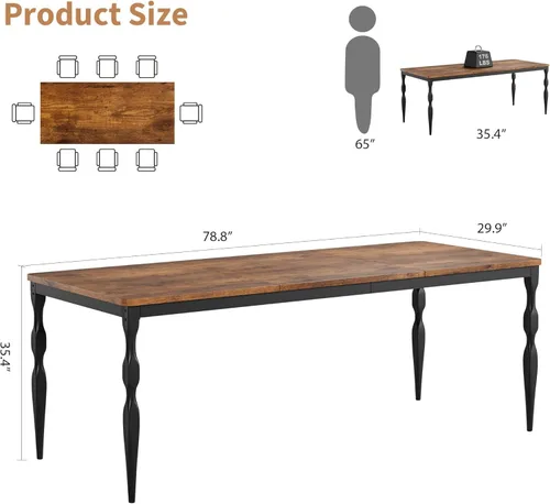Miniatura 2 de IDEALHOUSE Mesa de comedor de granja rectangular de 78 pulgadas para 6-8 personas, mesa de cocina de madera con patas resistentes, mesa de cocina