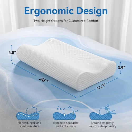 Miniatura 3 de AM AEROMAX Almohada de espuma viscoelástica de contorno de tamaño Queen de 26 pulgadas, almohada cervical para aliviar el dolor de cuello, almohadas